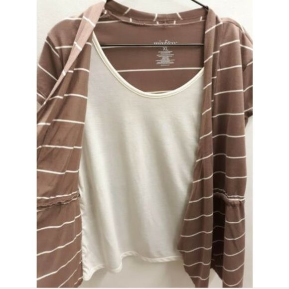 Mix & Co Faux Wrap Short Sleeve Top Size XL Brown Stripes - Picture 2 of 5
